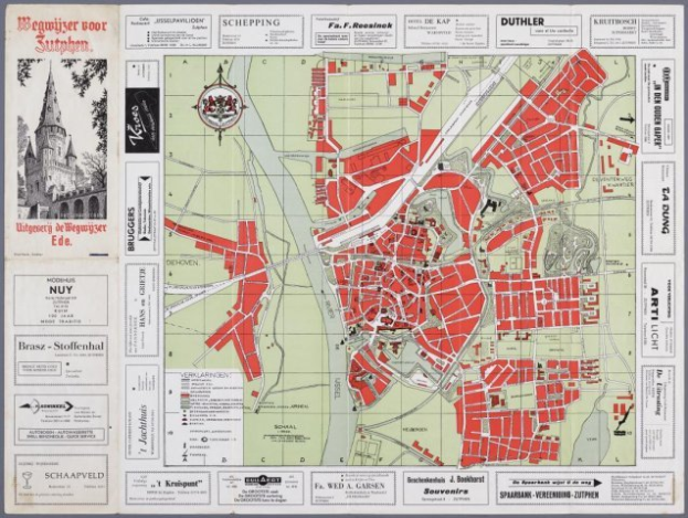 Ein altes Stadtplan von Düsseldorf, Deutschland, mit einem grauen Hintergrund, der detaillierte Straßen, Gebäude, Sehenswürdigkeiten und Textinformationen zur Stadt zeigt.