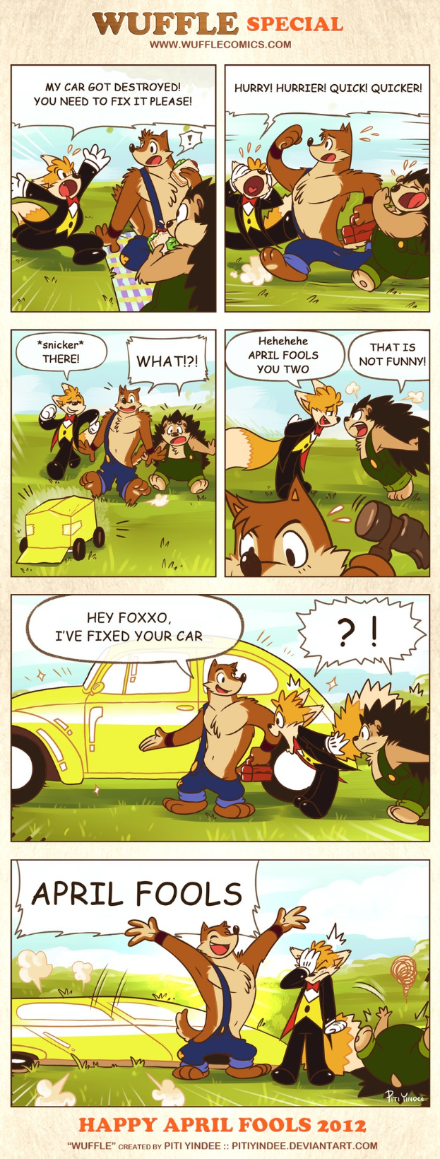 Comic-Stripschild mit der Überschrift "Aprilscherz", das einen Cartoon-Mann und -Frau in einer Diskussion vor einem hellblauen Himmel mit weißen Wolken zeigt, wobei einer emphatisch gestikuliert.