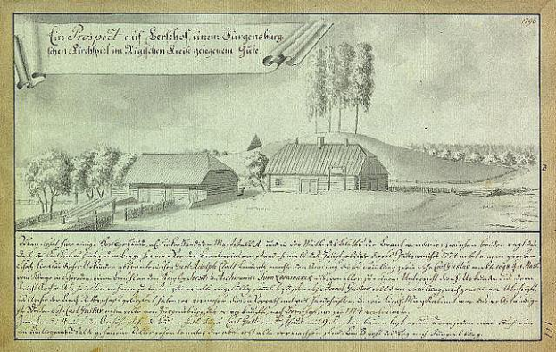 Ein altes Dokument mit einer Zeichnung eines Bauernhofs in einem Feld, umgeben von Häusern, Bäumen und einem Himmel, mit der Beschriftung "Surgensburg, Deutschland - Landschaft eines Bauernhofs".