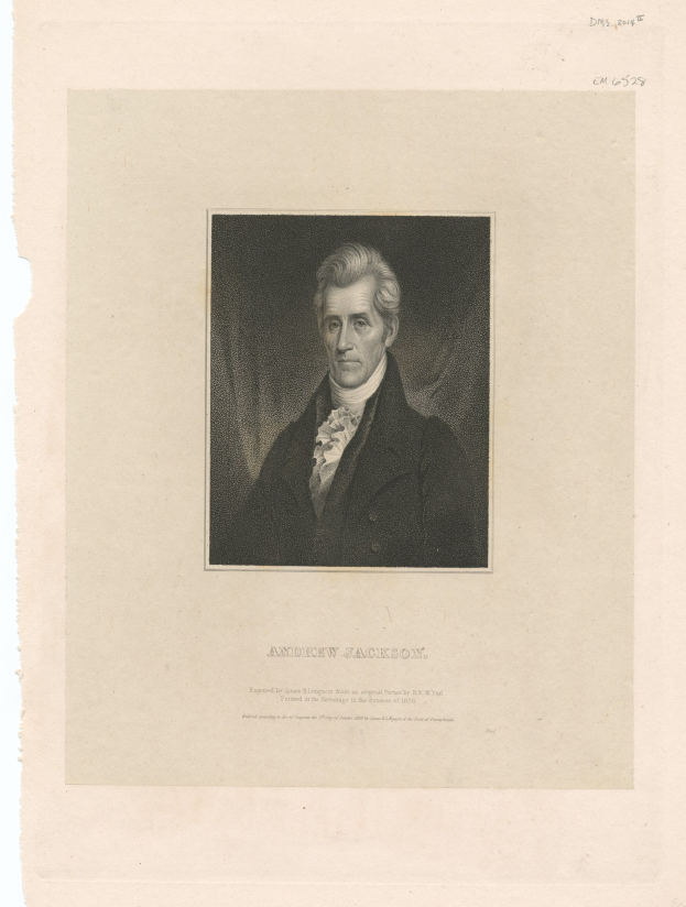 Schwarz-weiß-Porträt von Andrew Jackson, dem ersten US-Präsidenten, in einem Anzug mit ernstem Gesichtsausdruck, mit Text unten.