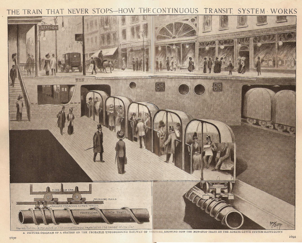 Eine Zeitung mit Bildern von Menschen, Zügen und anderen Gegenständen sowie der Überschrift "Der Zug, der nie aufhört - wie das ständige Transit-System funktioniert".