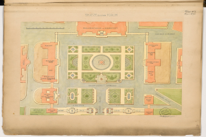Ein altes Buch mit einem detaillierten Plan eines Parks, der Pfade, Bäume und andere Merkmale enthält, auf dem Cover.