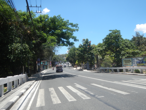 Eine Stadtstraße mit Fahrzeugen, einer Fußgängerüberführung, Geländern, Strommasten mit Drähten, Bäumen, Schildern und einem bewölkten Himmel im Hintergrund.