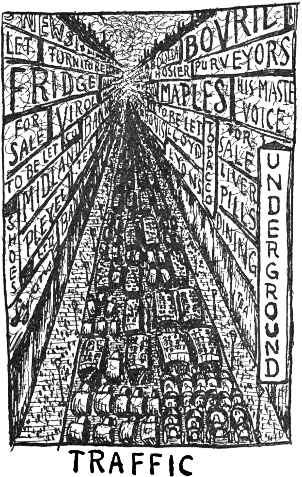 Eine Schwarz-Weiß-Zeichnung einer belebten U-Bahn-Station voller verschiedener Gegenstände, mit dem Wort 'Verkehr' darunter.