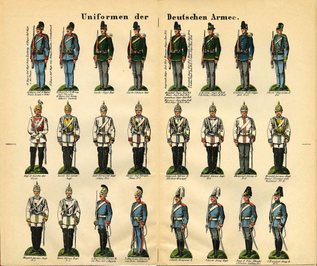 Ein Buch, das bunte Militäruniformen der deutschen Armee mit detaillierten Elementen wie Helmen, Gewehren und Waffen zeigt.