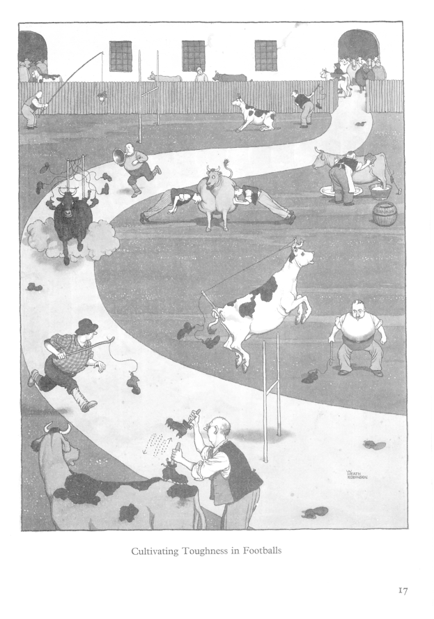 Eine Schwarz-Weiß-Zeichnung einer Gruppe von Menschen und Tieren in einem Feld mit einer Wand und Fenstern im Hintergrund, mit dem Text "Zähigkeit im Fußball kultivieren" unten.