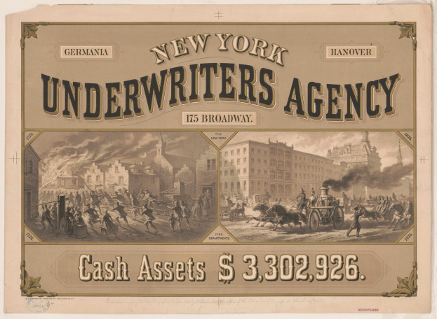 Eine Vintage-Werbung für die New York Underwriters Agency mit Illustrationen von Menschen, Pferden und Gebäuden, die die Dienstleistungen der Agentur bewerben.