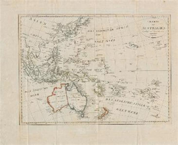 Detailierte Karte von Australien und Neuseeland mit dem Britischen Empire im Hintergrund, einschließlich Landesnamen und Hauptstädten.