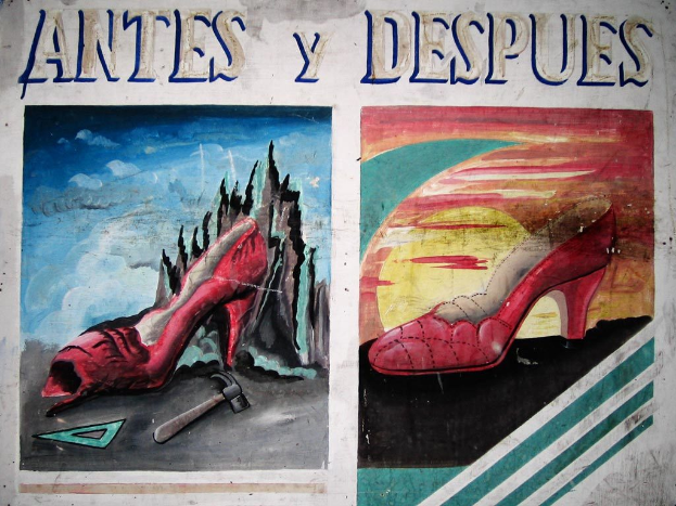 Ein Bild mit einem Schuh, Hammer und einem weiteren Objekt, daneben ein Schuh und Sohn und Text oben.