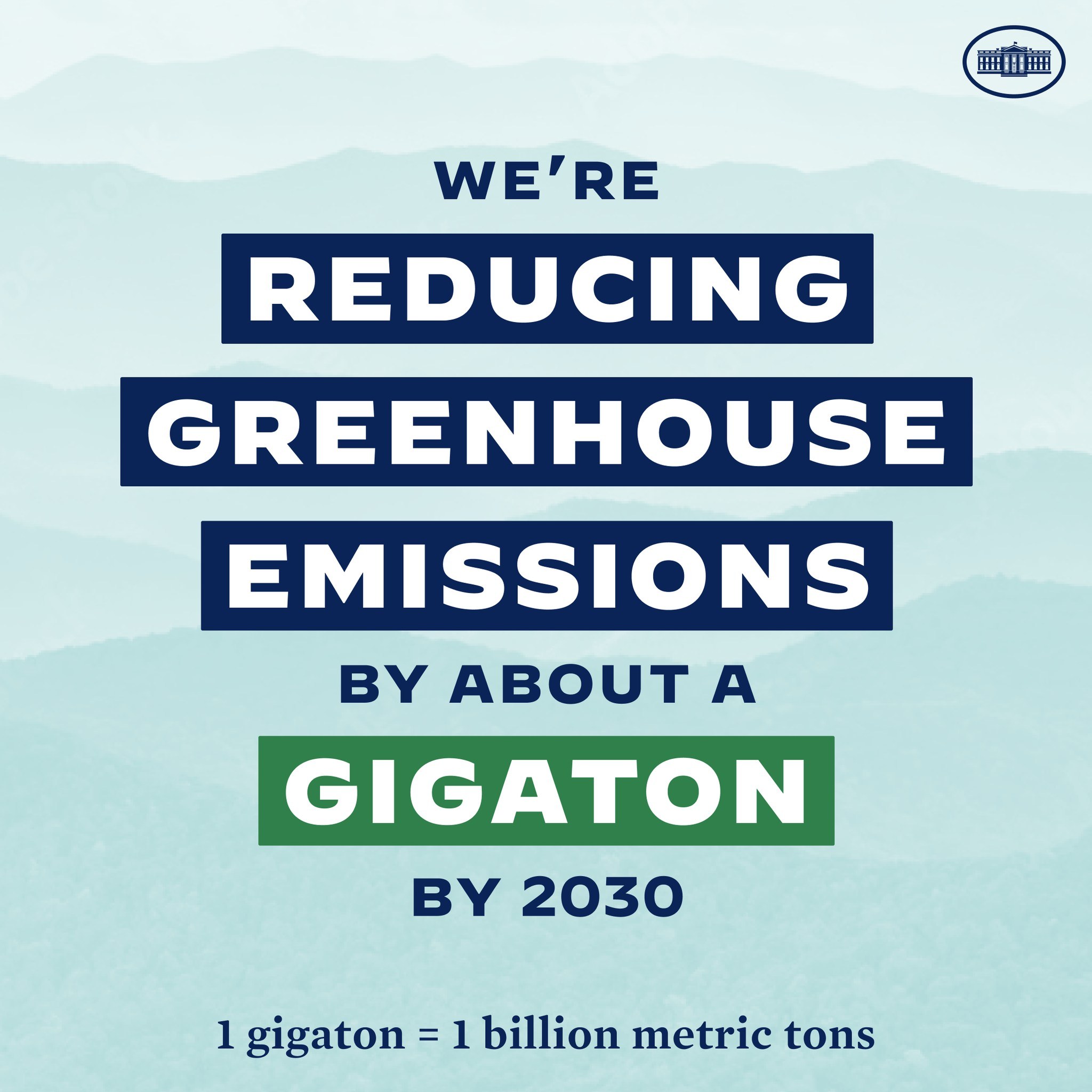 Plakat mit der Aufschrift "Wir reduzieren die Treibhausgasemissionen bis 2030 um etwa eine Gigatonne" und einem Logo, das die Reduzierung der Treibhausgasemissionen bis 2030 fordert.