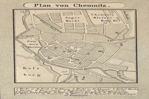 Ein detaillierter Stadtplan von Chemnitz, Deutschland, mit Straßen, Gebäuden und Sehenswürdigkeiten, überlagert mit handgeschriebener Text.