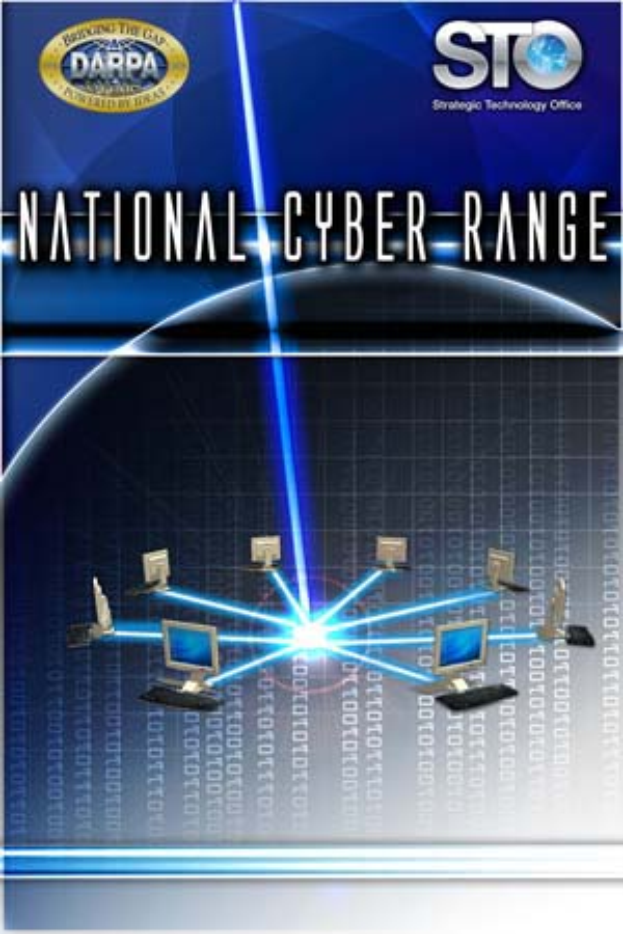 Ein Plakat mit 'Nationales Cyber-Range' in fetter weißer Schrift auf blauem Hintergrund, das eine Weltkugel mit verbundenen Computern zeigt.