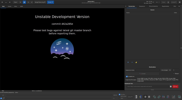Bildschirmfoto eines Computerbildschirms mit dem Text "instabile Entwicklungsversion" und "unaufhaltsame Entwicklung" in hellblau hervorgehoben auf schwarzem Hintergrund, begleitet von Icons wie einer Suchleiste, Dropdown-Menü und Fortschrittsbalken.