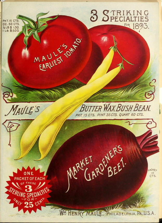 Ein Vintage-Plakat mit einer Vielfalt an buntem Gemüse, einschließlich Tomaten und Rote Beete, in einem ansprechenden Muster mit überlappenden Elementen und der Schrift 'Market Gardener's Beet' in fetter Schrift oben.