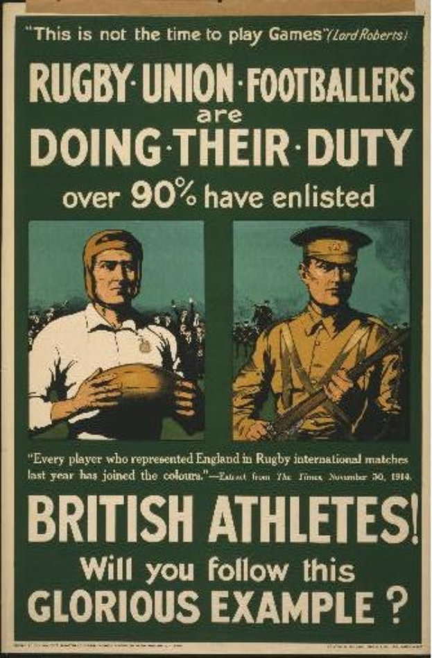 Plakat mit zwei Rugbyspielern in Uniform mit Text über britische Athleten, die sich melden und ihre Pflichten übernehmen.