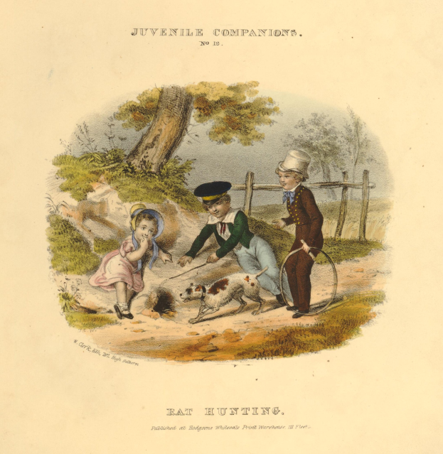 Ein Kindesbild, das drei Kinder zeigt, die mit einem Hund in einem Park spielen, umgeben von Bäumen, Pflanzen und einem Zaun, mit Text am unteren Rand des Papiers.