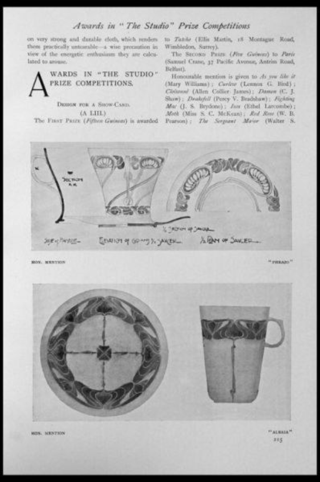 Schwarz-weiß-Zeichnung einer Tasse und eines Untersetzers mit einem Design, eingerahmt von einem schwarzen Rand, und Text, der "Awards in the Studio Prize Competitions" lautet.