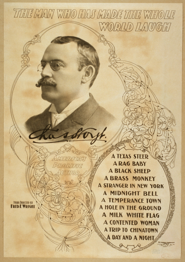 Ein Mann mit Schnurrbart und Brille, der einen Anzug und eine Krawatte trägt, hat einen ernsten Gesichtsausdruck und schaut konzentriert in die Ferne, mit der Aufschrift "Der Mann, der die ganze Welt zum Lachen gebracht hat" darüber.