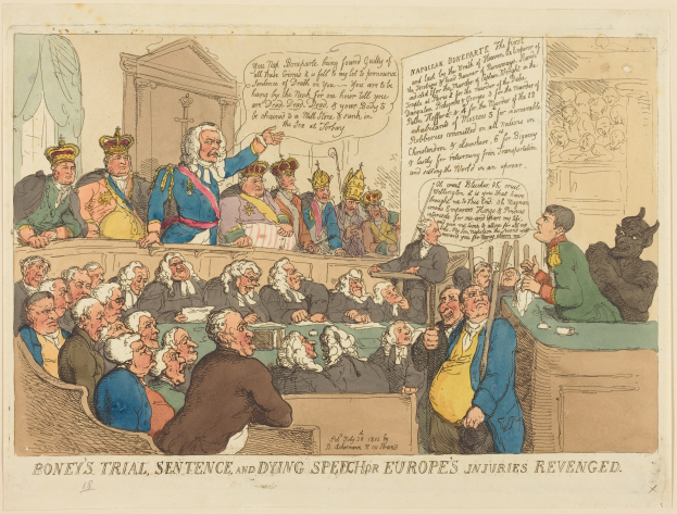 Eine Karikatur einer Gerichtsszene mit einer Gruppe von Menschen, die sitzen und ein Mann in der Mitte steht, ein Tisch mit Gegenständen rechts und Text unten, der "Boney's Trial, Sentence, and Dying Speech Europe's Injuries Revenged" lautet.