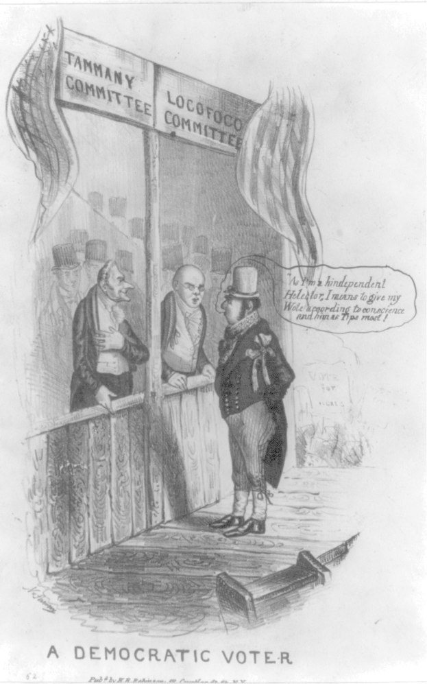 Ein Mann im Anzug steht selbstbewusst vor einer Tür mit der Aufschrift "Ein demokratischer Wähler" und sieht entschlossen aus.