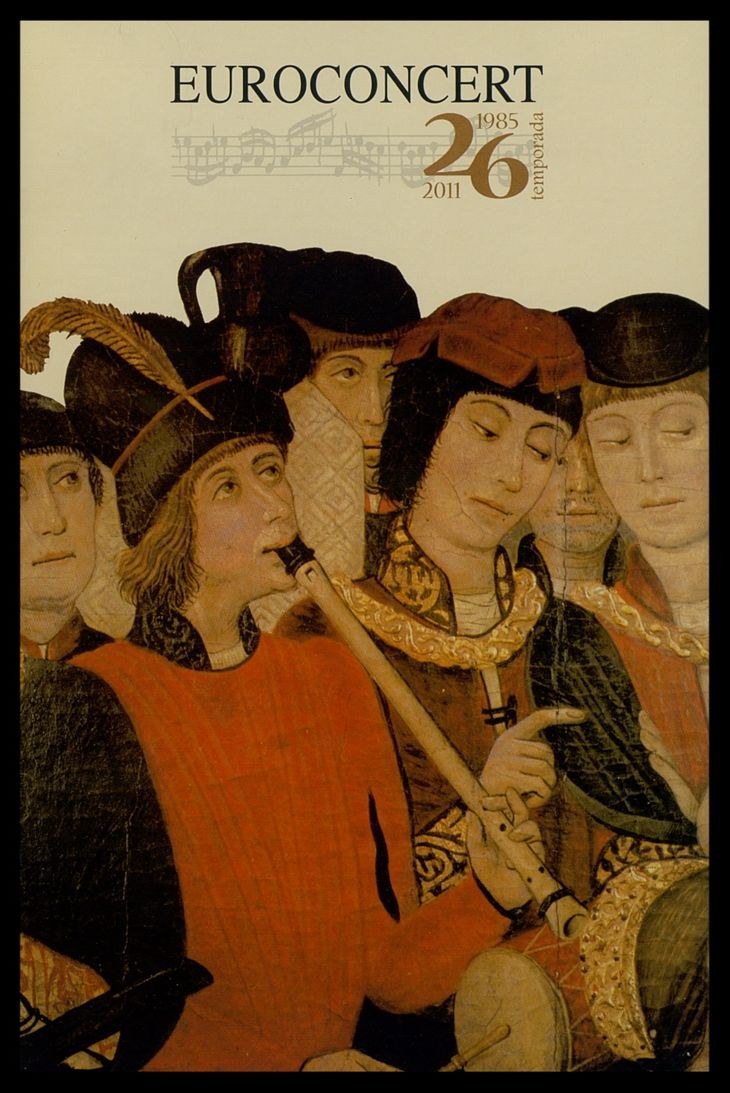 Plakat für das European Concert 26, das eine Gruppe von Musikern zeigt, die Instrumente spielen, mit Veranstaltungstext.