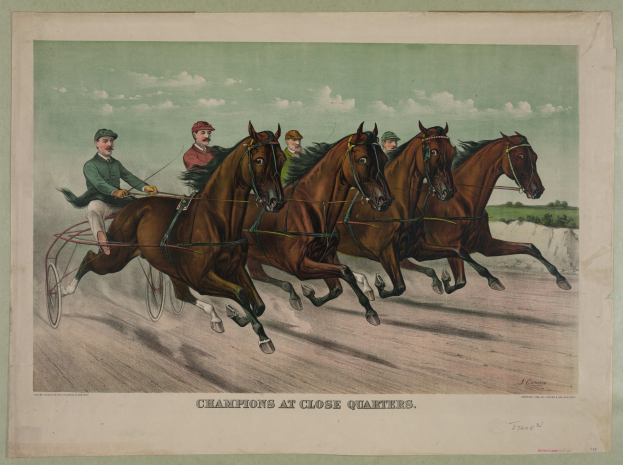 Gruppe von Menschen, die in einer von Pferden gezogenen Kutsche um die Wette fahren, auf einer von Bäumen gesäumten Straße unter einem klaren blauen Himmel, mit dem Text "Champions in enger Zusammenarbeit" unten.