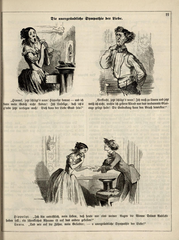 Ein altes Buchillustration zeigt einen Mann, der steht, und eine Frau, die sitzt, in ein Gespräch vertieft, wobei der Mann die Frau direkt ansieht, die einen intimen Ausdruck hat.