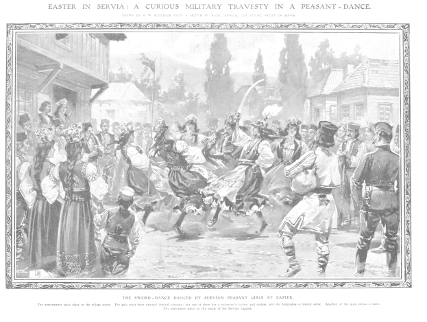 Gruppe von Menschen spielt mit Ostereiern auf einer grünen Wiese mit Bäumen, Gebäuden, Fahnen und einem Springbrunnen.