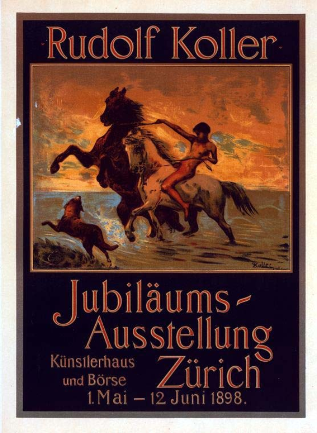 Plakat für die Jubiläumsausstellung von Rudolf Koller 1898 in Zürich, zeigt einen Reiter mit auffälligem Ausstellungstitel oben und Veranstaltungseinzelheiten unten.