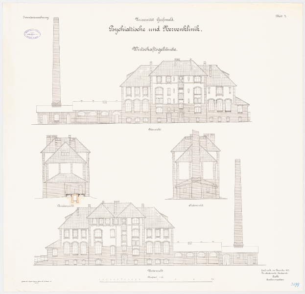Schwarze und weiße Zeichnung eines mehrstöckigen Gebäudes mit zahlreichen Fenstern und einem prominenten Schornstein, das als psychiatrische Klinik in Deutschland bezeichnet wird, mit handgeschriebener Text auf dem Papier.