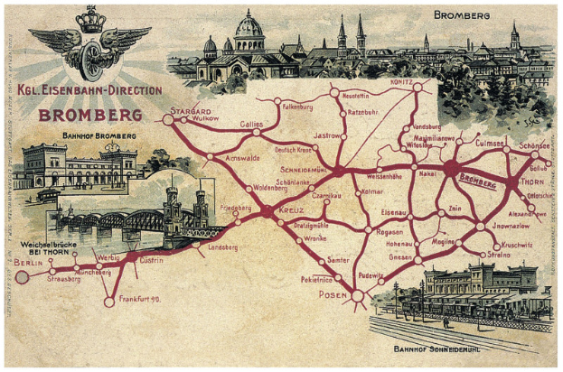 Ein detaillierter Stadtplan von Bromberg, Deutschland, mit Straßen, Sehenswürdigkeiten, Gebäuden, Bäumen und einer Brücke sowie begleitendem Text zur Geschichte, Kultur und Attraktionen der Stadt.