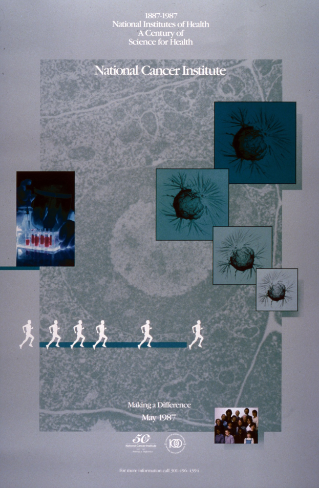 Leuchtend buntes Plakat für das Nationale Krebsinstitut mit blauem Hintergrund, fetter weißer Schrift und kreisförmiger Anordnung von lächelnden Bildern von verschiedenen Menschen um den Text.