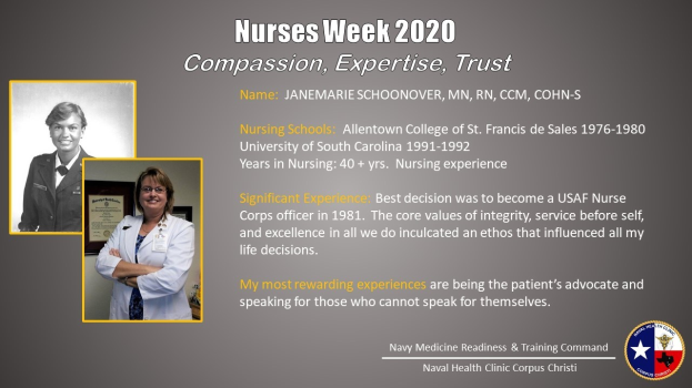 Ein Plakat mit zwei Fotos von Krankenschwestern auf der linken Seite und Text auf der rechten Seite, der "Nurses Week 2020: Mitgefühl, Expertise, Vertrauen" lautet, mit einem Logo unten rechts.