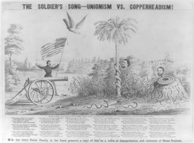 Plakat, das eine Person zeigt, die auf einer Kanone steht, eine Fahne hält und von Bäumen, Pflanzen und einer Schlange umgeben ist, mit der Aufschrift "The Soldier's Song - Unionism vs Copperheadism."
