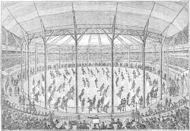 Schwarze und weiße Illustration einer überfüllten Arena während der Olympischen Spiele in London, England, die Zuschauer bei einem Eishockeyspiel auf einer Eisfläche zeigt.