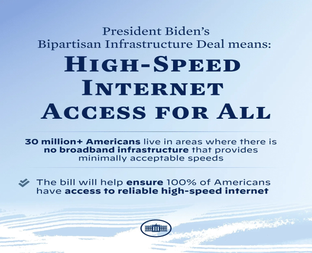 Ein Plakat mit fetter, schwarzer Schrift auf einem weißen Hintergrund, das "Präsident Bidens bipartisaner Infrastrukturdeal bedeutet High-Speed-Internet-Zugang für alle."