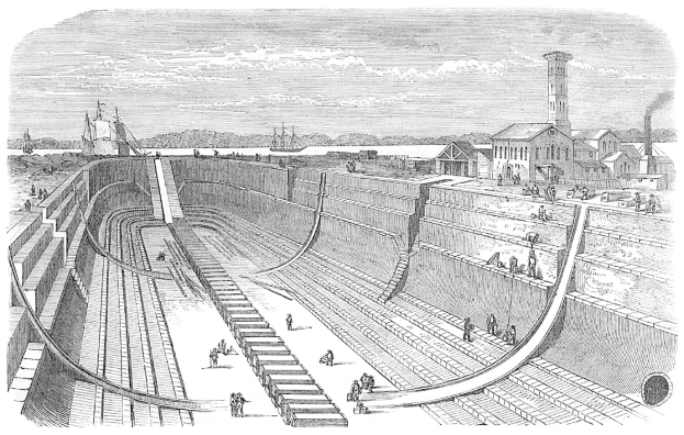 Schwarze und weiße Zeichnung eines großen Damms mit Menschen darauf, umgeben von Gebäuden, Bäumen und einem bewölkten Himmel, mit der Beschriftung 'Wasserwerke in den Vereinigten Staaten' unten.
