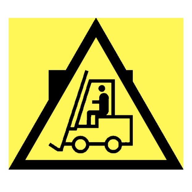 Warnschild mit einem gelben und schwarzen Hintergrund, das ein Gabelstapler-Symbol zeigt, das den Einsatz von Gabelstaplern in diesem Bereich verbietet.