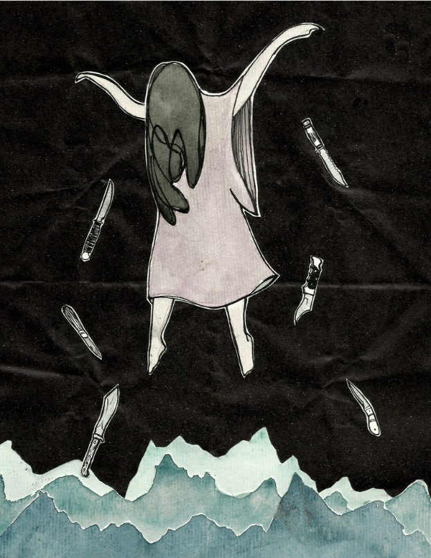 Ein Graffiti-Stück befindet sich in der Mitte des Bildes.