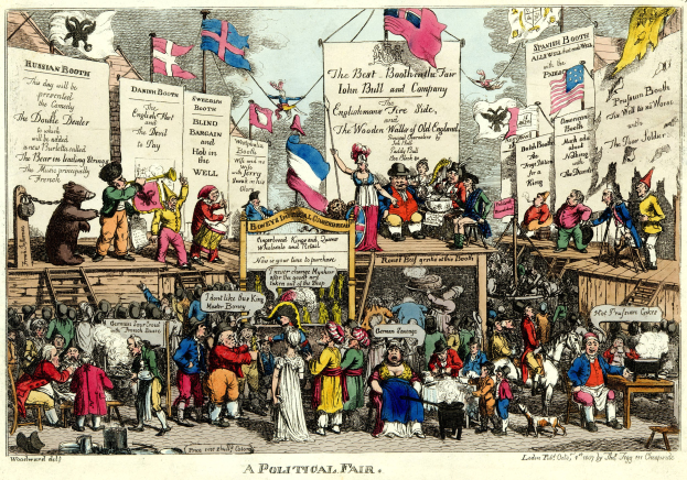 Eine politische Kundgebung in London mit Menschen, die Fahnen und Schilder halten und von Tieren begleitet werden, unter einem sichtbaren Himmel.