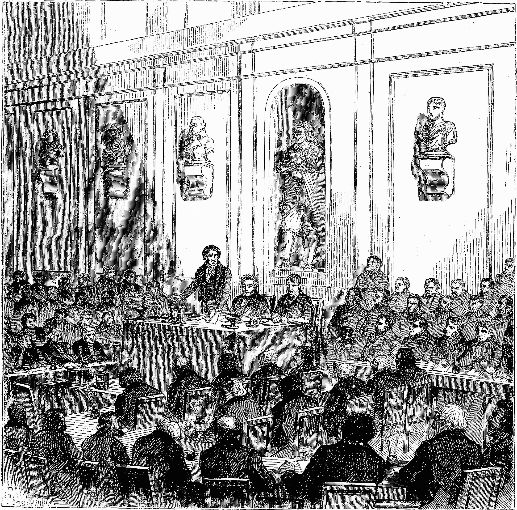 Schwarz-weiß-Zeichnung eines Gerichtssaals mit sitzenden Personen auf Stühlen und einigen im Hintergrund Stehenden, beschriftet mit 'Oberverwaltungsgericht' unten.