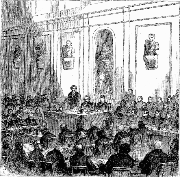 Schwarz-weiß-Zeichnung eines Gerichtssaals mit sitzenden Personen auf Stühlen und einigen im Hintergrund Stehenden, beschriftet mit 'Oberverwaltungsgericht' unten.