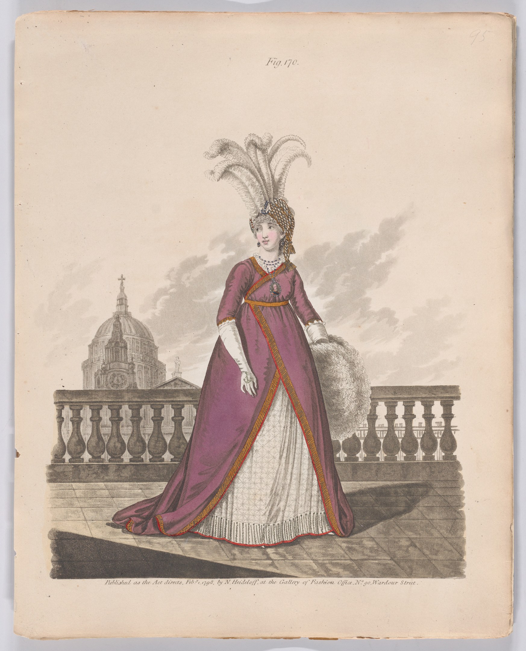 Frau in einem violetten und weißen Federkleid, die an einem Geländer steht, mit einem Gebäude und Wolken im Hintergrund, beschriftet mit 'Fashion of New York, New York Street, 1790'.