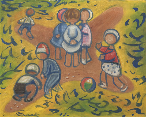 Malerei auf einer Tafel, die Kinder beim Spielen mit einem Ball in einer Wiese zeigt, mit hellen, fröhlichen Farben und spielerischen Darstellungen.