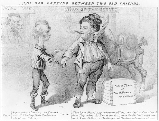 Schwarzer und weißer Cartoon von zwei alten Männern, die sich an den Händen halten, mit der Bildunterschrift 'Der traurige Abschied von zwei alten Freunden.'