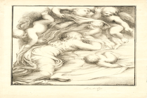 Ein Bild einer Frau in einem wei├če Kleid, die einem Kind ein Buch vorliest, beide vor einem wei├čen Hintergrund, das Gesicht der Frau von einem warmen Licht erhellt.