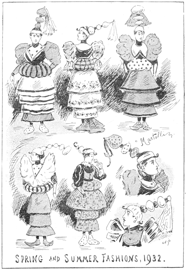 Schwarze und weiße Illustration von Frauen in 1932er Frühlings- und Sommer-Moden, begleitet von beschreibendem Text.