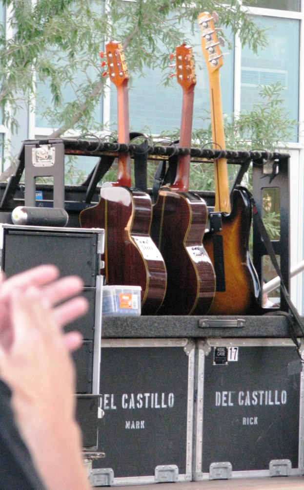 Gitarren werden über Kisten angezeigt, mit einem Behälter neben einer Gitarre, einem Baum und einem Gebäude mit Glastüren im Hintergrund.