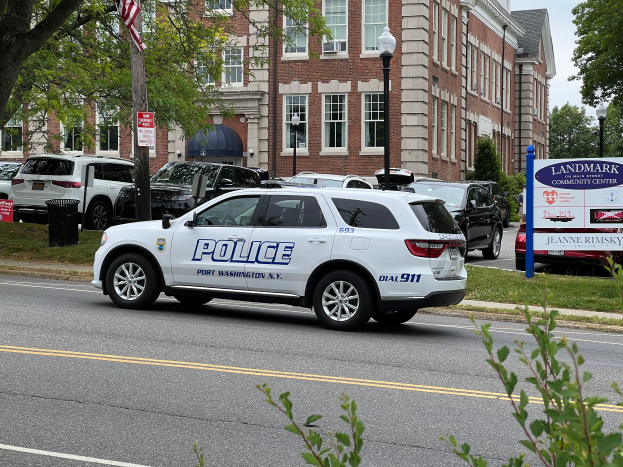 Ein Polizeiwagen steht auf der Seite einer Straße vor einem Gebäude mit Fenstern, Laternenmasten, Schildern, einer Flagge, Bäumen und einem Müllcontainer im Vordergrund, unter einem bewölkten Himmel.