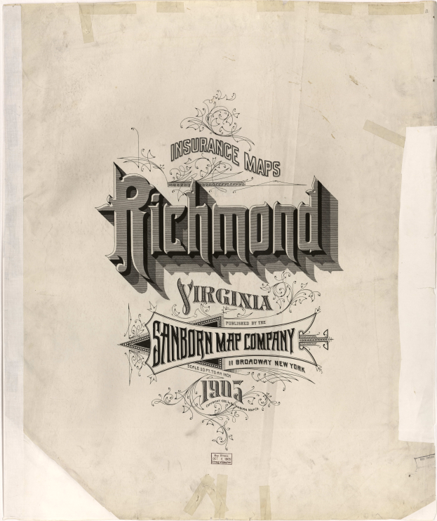 Ein Plakat mit der Aufschrift "Richmond Virginia Insurance Map Company" in fetter, schwarzer Schrift auf einem weißen Hintergrund.